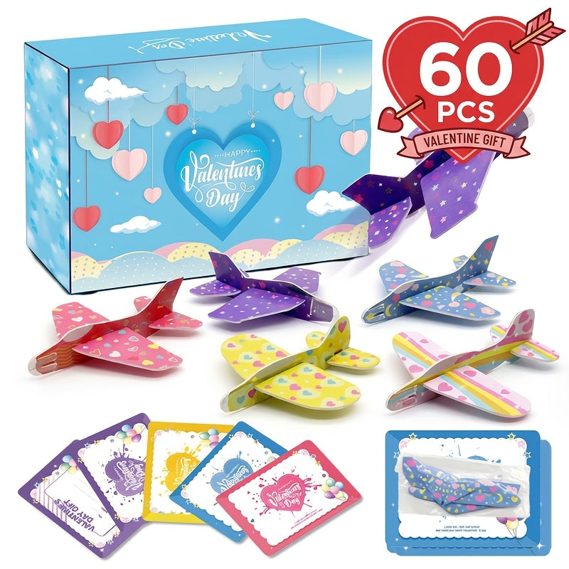 60 Pack Valentines Day Favor Kits with Cards, Valentine's Greeting Cards for Kids with Foam Airplanes Classroom Exchange Party Favor Toy