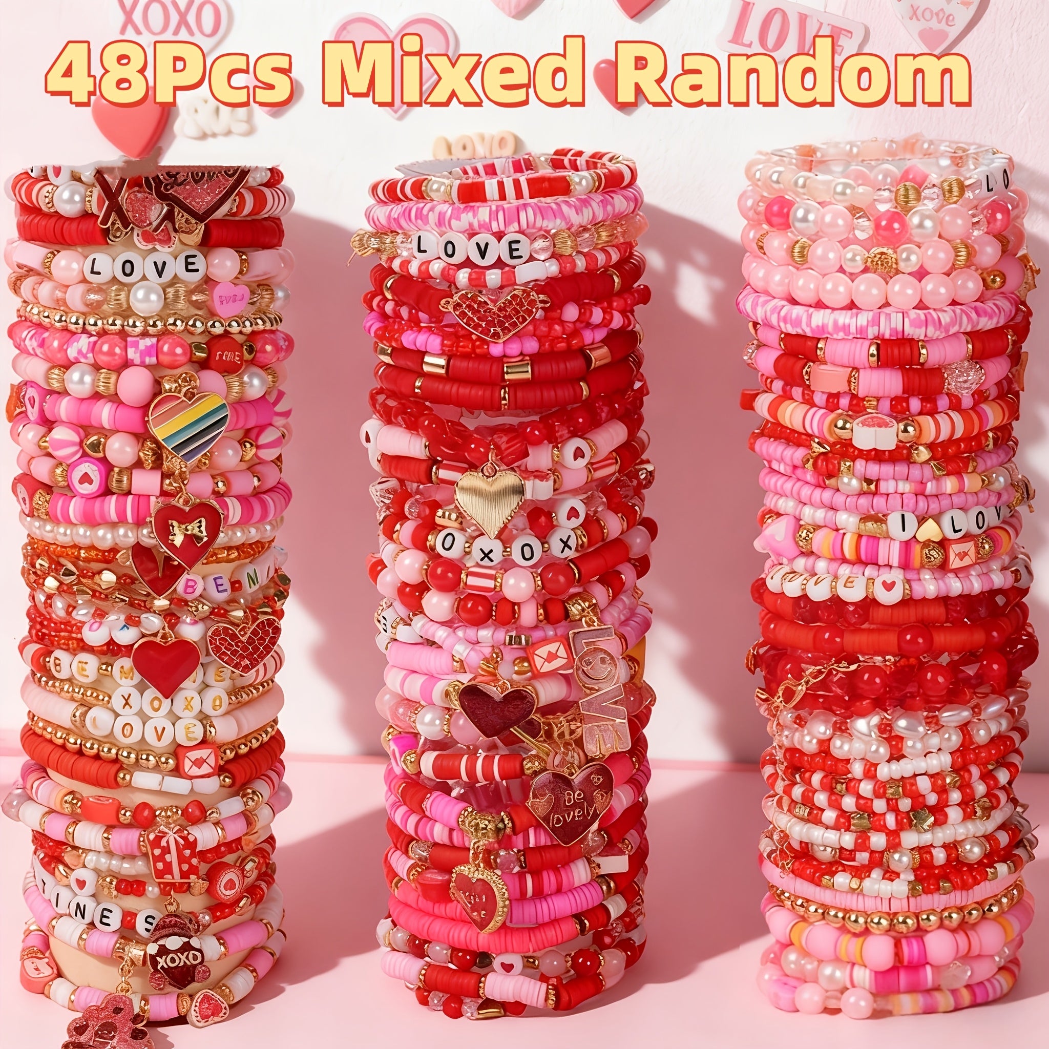 12/36/48pcs Valentine's Day Women's Fashion Bracelets Set - Love Flower Stacked Heart Charm "XOXO LOVE" Letter Design Bracelet | Gift Giving | Pretend Jewelry Toys