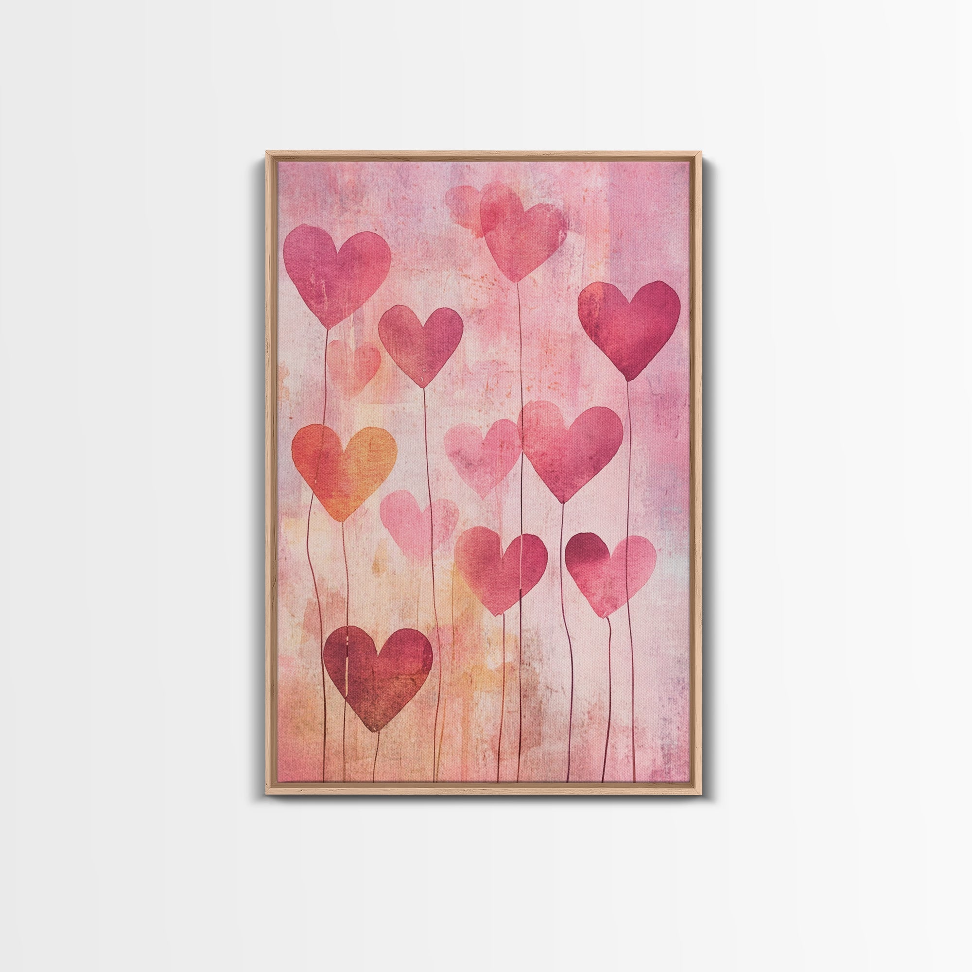 Romantic Heart Balloons Framed Canvas Print, Pink Wall Art, Valentine’s Day Aesthetic, Whimsical Cottagecore Art, Bedroom Decor Gift Idea