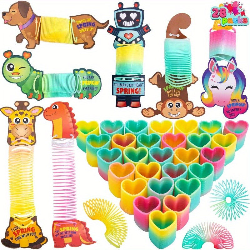 28 Packs SYNCFUN Valentine'S Day Cards with Coil Springs | Rainbow Springs, Stress Relief, Classroom Exchange Prizes, Game Prizes, Party Favors, Plastic Material