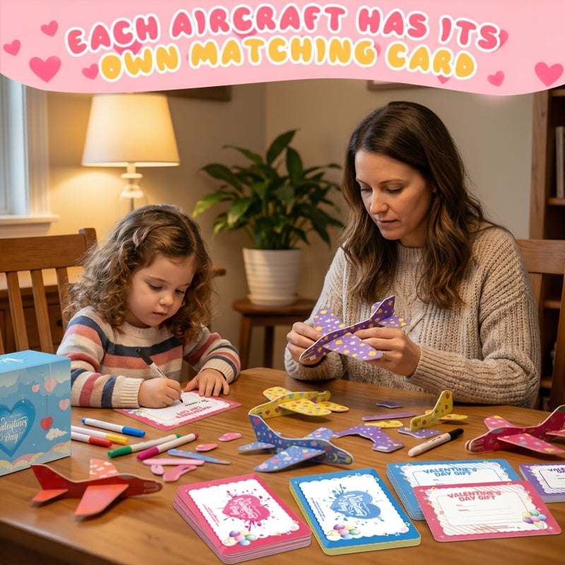 60 Pack Valentines Day Favor Kits with Cards, Valentine's Greeting Cards for Kids with Foam Airplanes Classroom Exchange Party Favor Toy