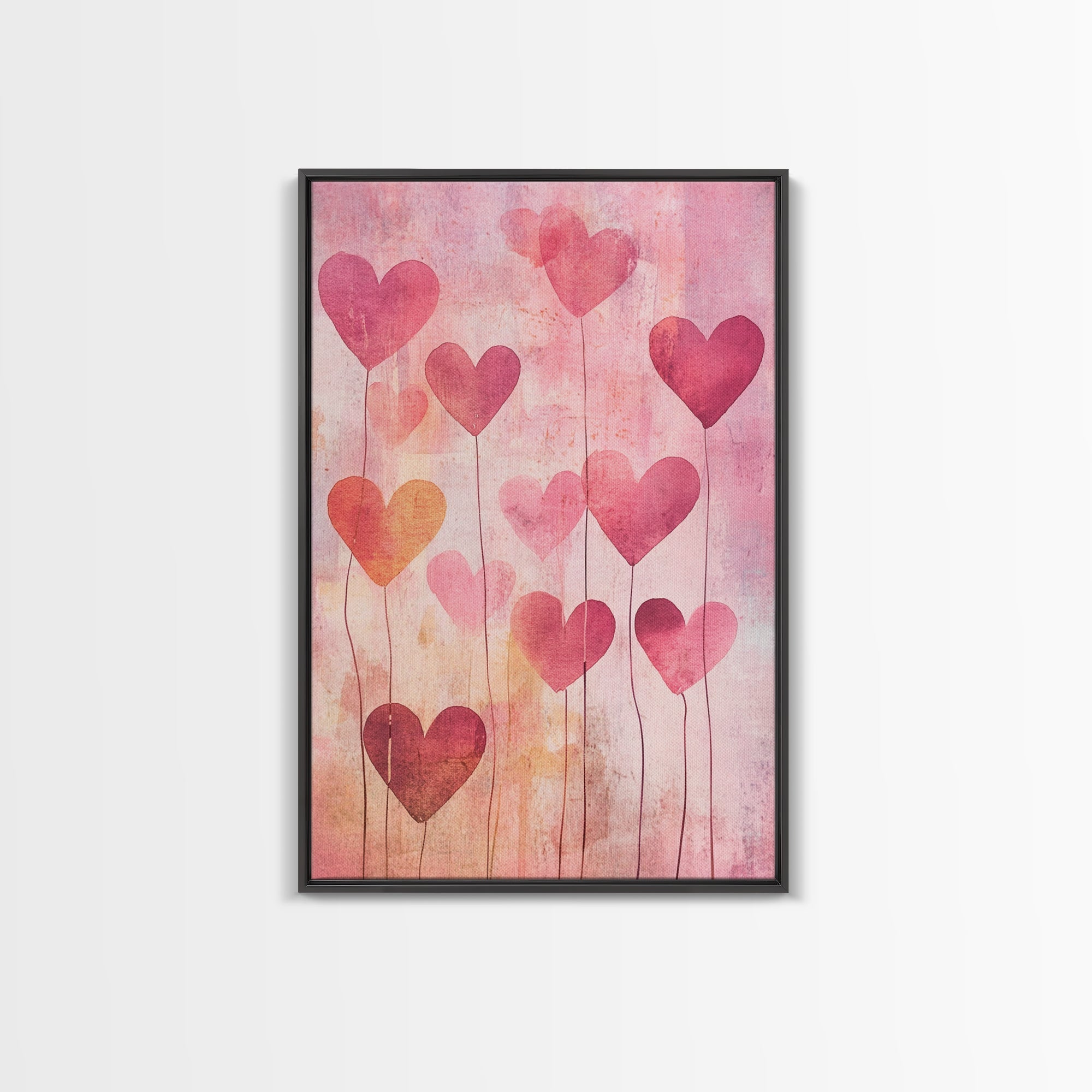 Romantic Heart Balloons Framed Canvas Print, Pink Wall Art, Valentine’s Day Aesthetic, Whimsical Cottagecore Art, Bedroom Decor Gift Idea