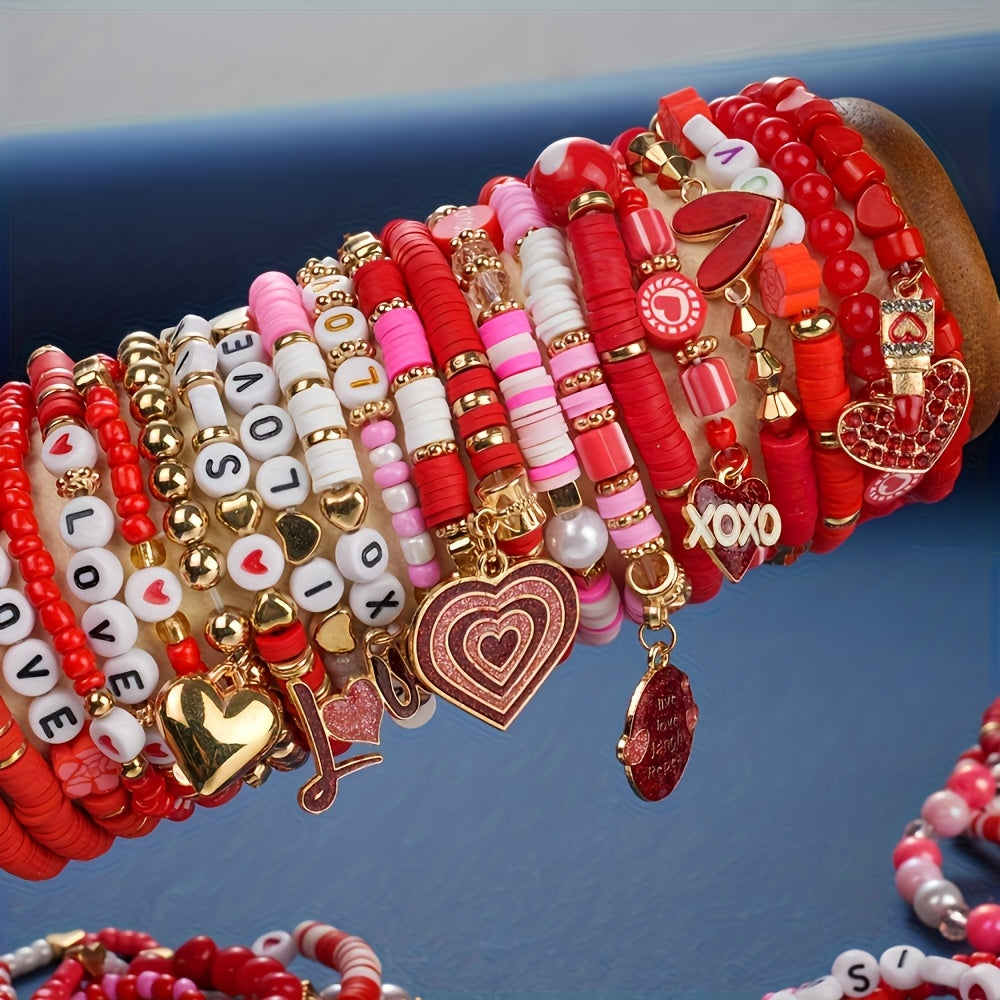12/36/48pcs Valentine's Day Women's Fashion Bracelets Set - Love Flower Stacked Heart Charm "XOXO LOVE" Letter Design Bracelet | Gift Giving | Pretend Jewelry Toys