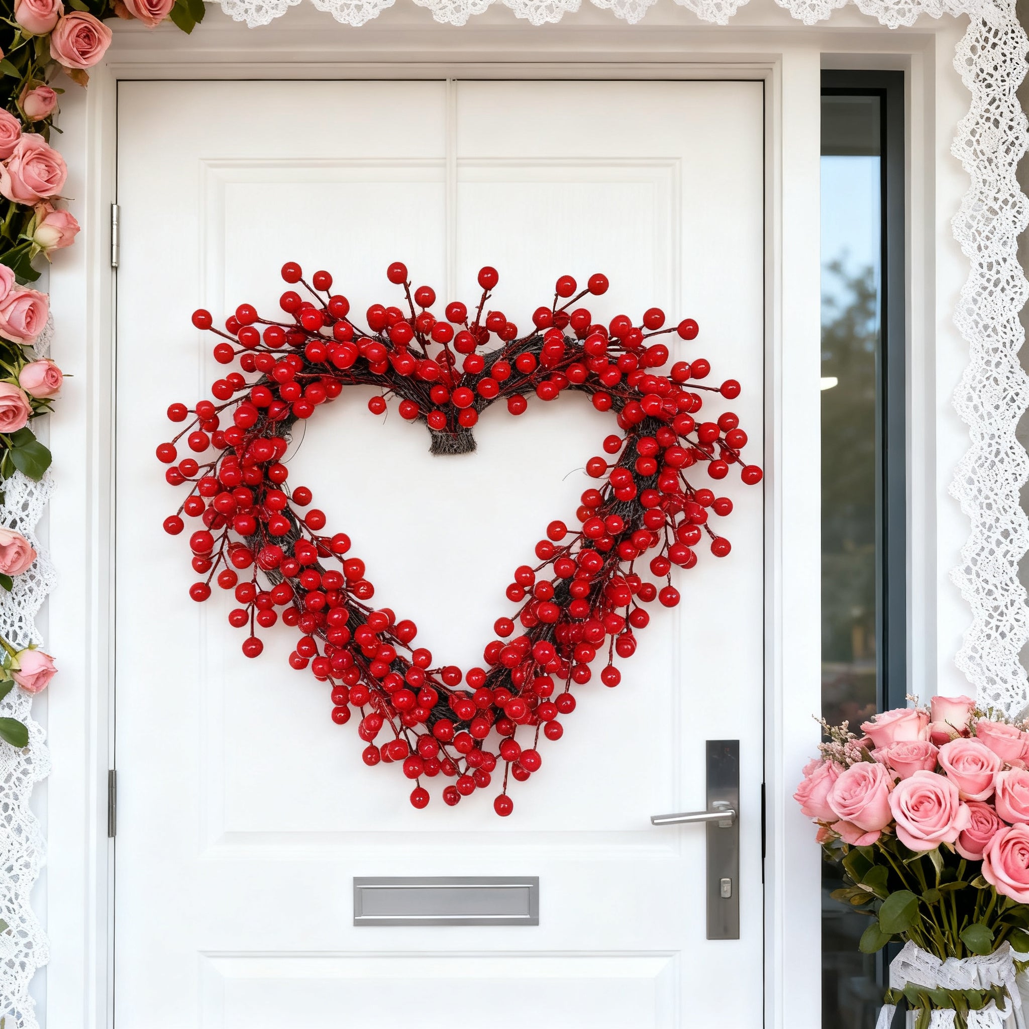 1pc, About 16inch Heart-Shaped Valentine's Day Wreath, Artificial Heart Wreath with Red Berries, Romantic Artificial Wreath with Love Elements, Perfect for Front Door, Wall, Fireplace, Party, Engagement Ceremony/Wedding And H