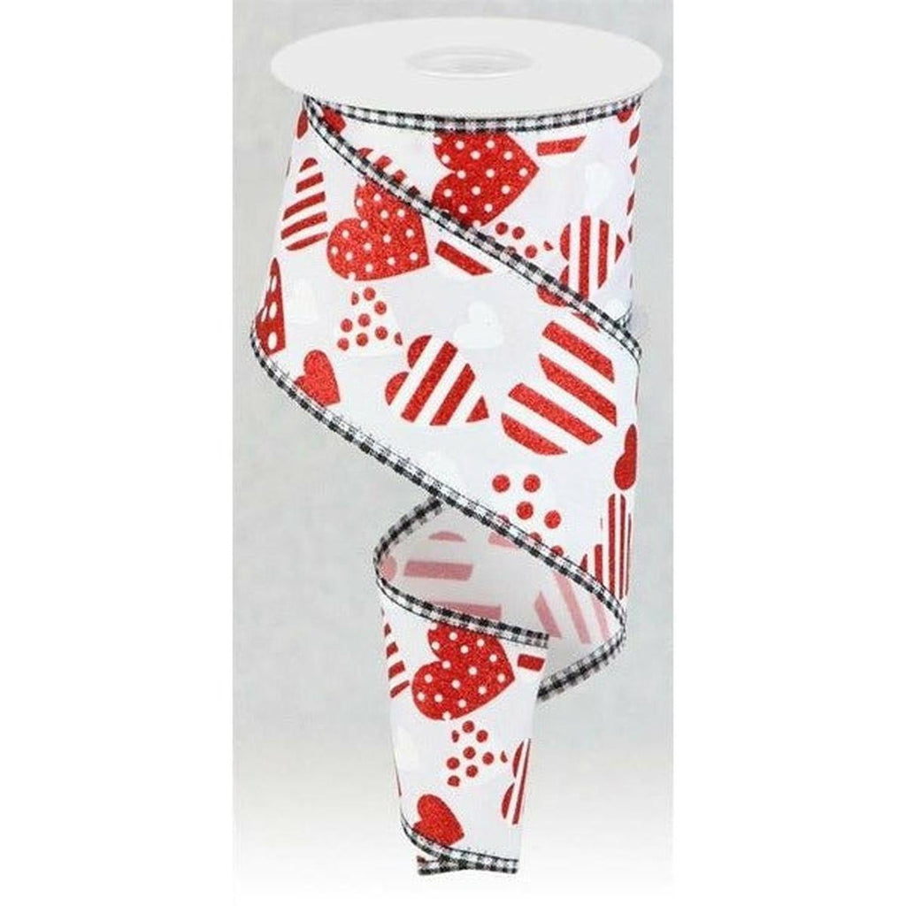2.5" Valentine Hearts Gingham Ribbon: White (10 Yard)