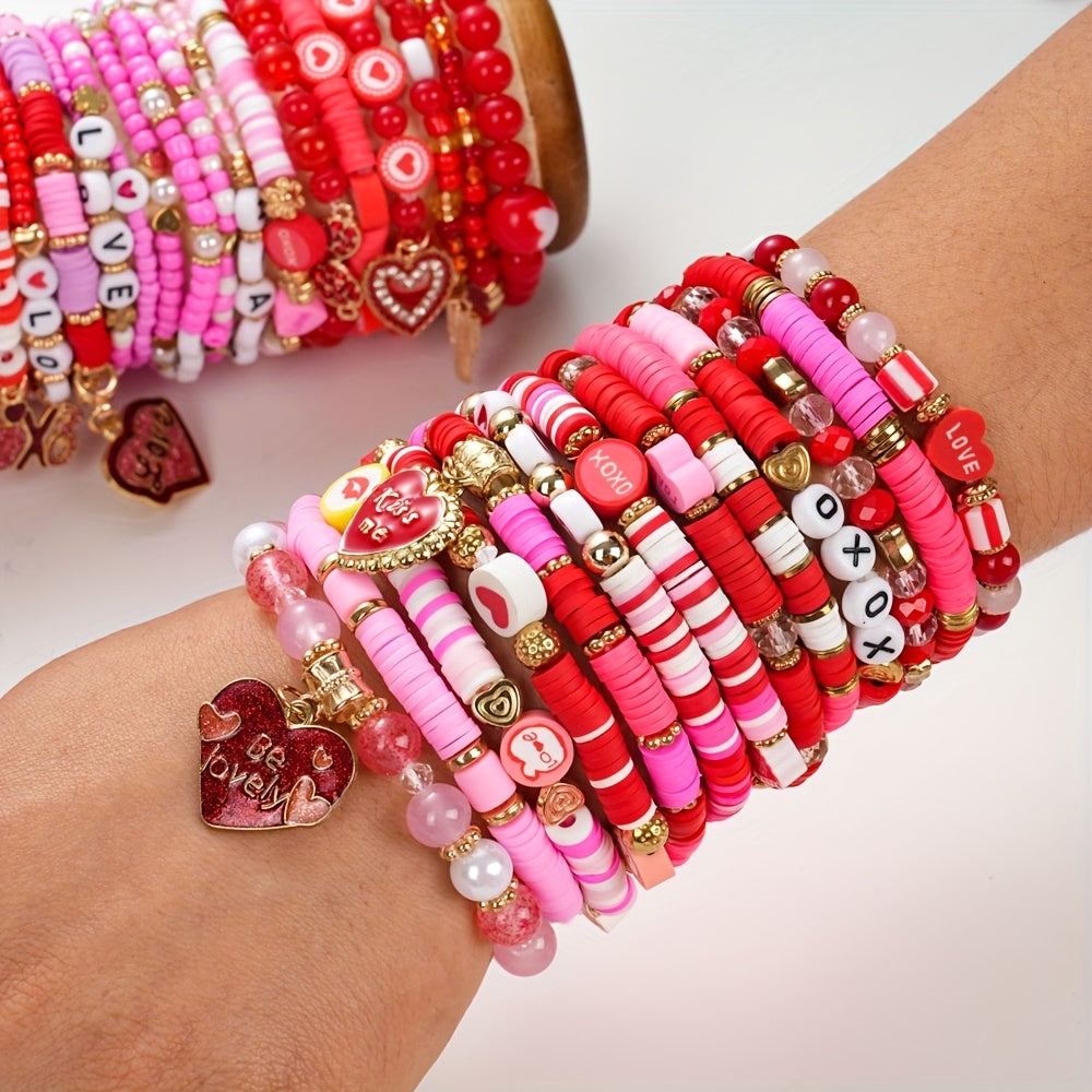 12/36/48pcs Valentine's Day Women's Fashion Bracelets Set - Love Flower Stacked Heart Charm "XOXO LOVE" Letter Design Bracelet | Gift Giving | Pretend Jewelry Toys