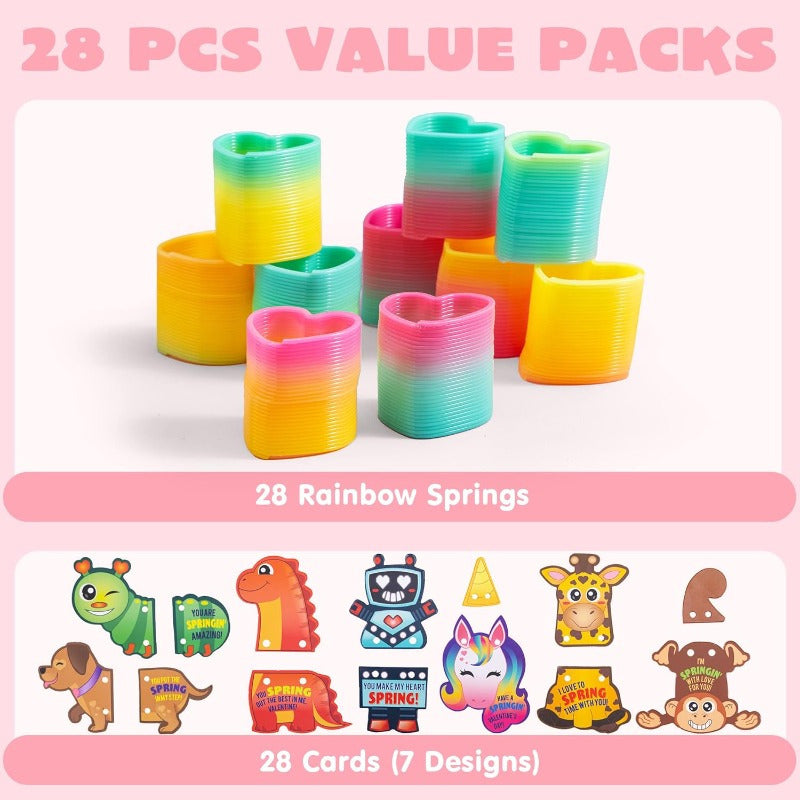28 Packs SYNCFUN Valentine'S Day Cards with Coil Springs | Rainbow Springs, Stress Relief, Classroom Exchange Prizes, Game Prizes, Party Favors, Plastic Material