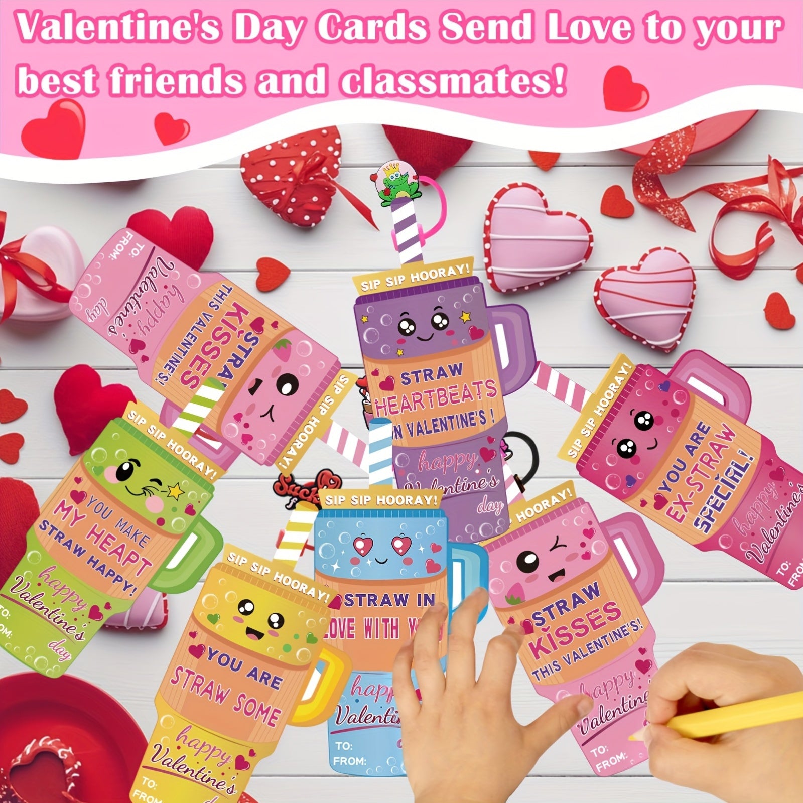 A Set of 24 Or 48 Valentine's Day Cards, Featuring a 10mm Straw Hat for 300Z And 400Z Cups, Perfect for Fun Valentine's Day Gift Exchanges And Back-to-School Event Supplies.