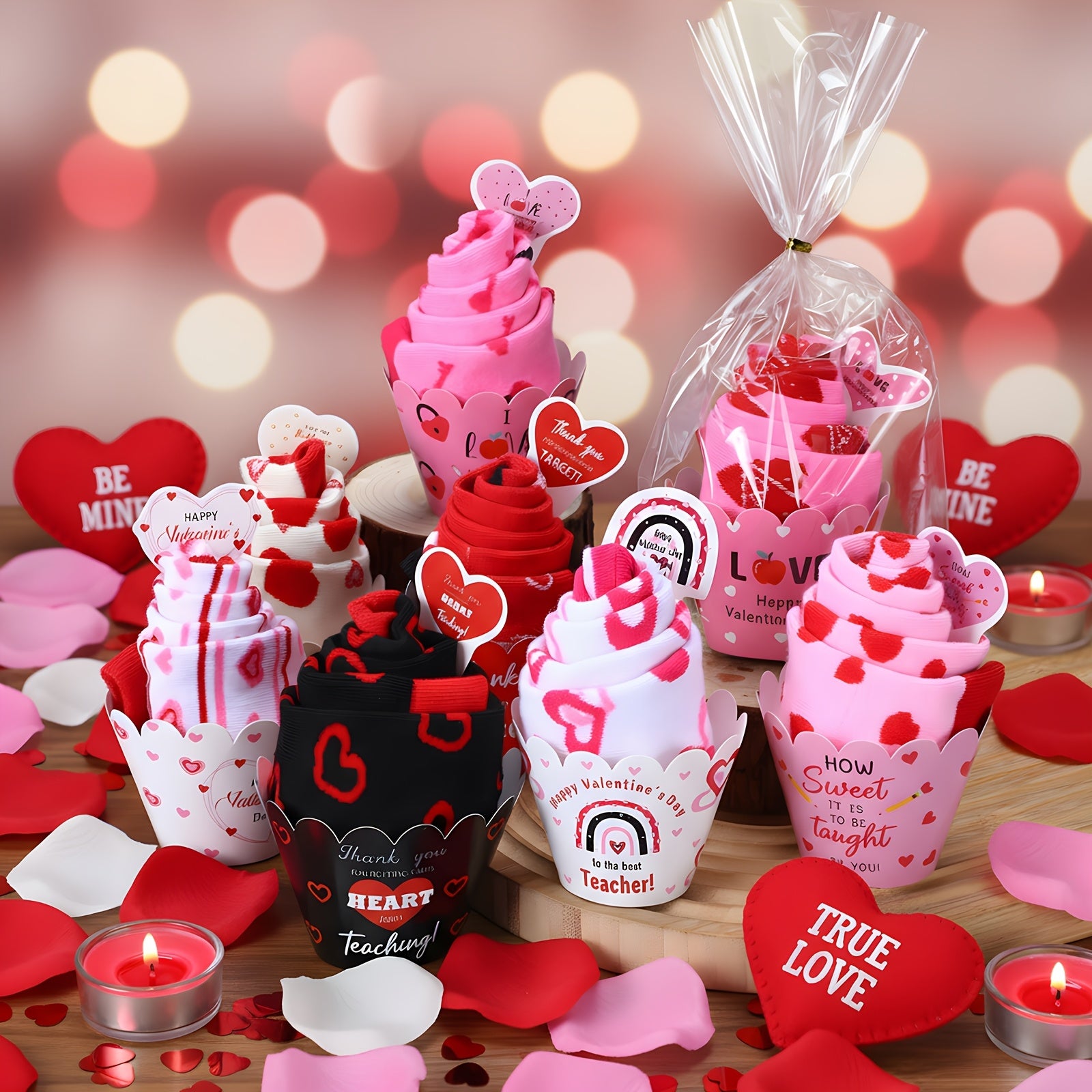 12 Pairs Valentines Day Cupcake Socks Suitable for Teachers & Women - Fuzzy DIY Slipper Socks with Paper Cupcake Top for Classroom Parties, Valentine's Gifts, Teacher Appreciation - Cute Fuzzy Warm Socks for & Educators