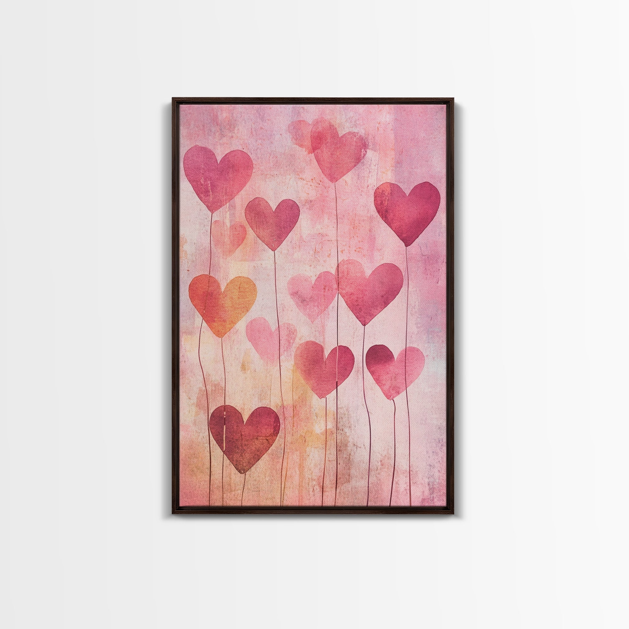 Romantic Heart Balloons Framed Canvas Print, Pink Wall Art, Valentine’s Day Aesthetic, Whimsical Cottagecore Art, Bedroom Decor Gift Idea