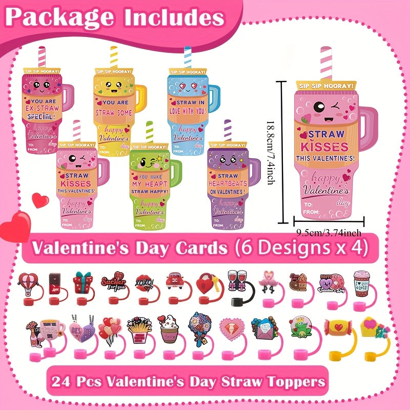 A Set of 24 Or 48 Valentine's Day Cards, Featuring a 10mm Straw Hat for 300Z And 400Z Cups, Perfect for Fun Valentine's Day Gift Exchanges And Back-to-School Event Supplies.