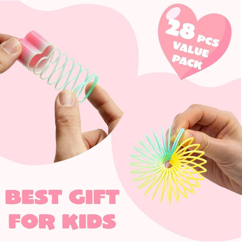 28 Packs SYNCFUN Valentine'S Day Cards with Coil Springs | Rainbow Springs, Stress Relief, Classroom Exchange Prizes, Game Prizes, Party Favors, Plastic Material