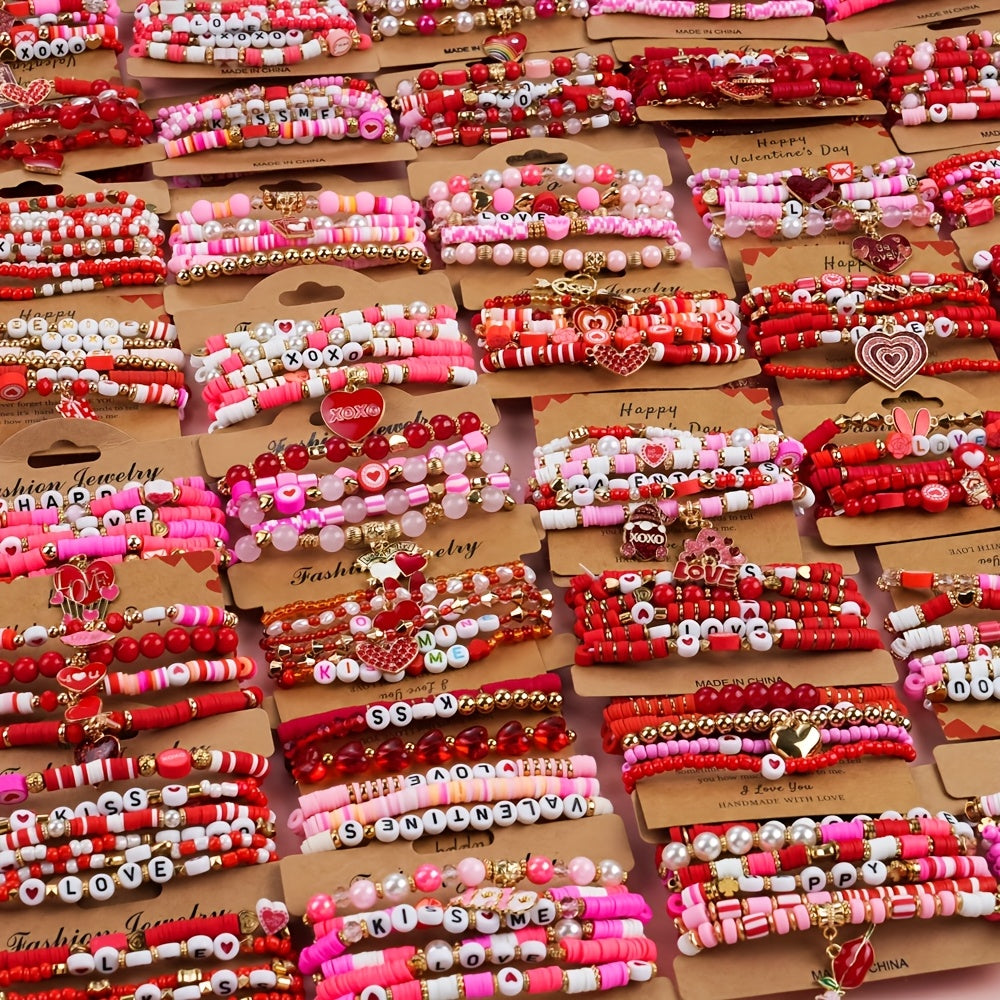 12/36/48pcs Valentine's Day Women's Fashion Bracelets Set - Love Flower Stacked Heart Charm "XOXO LOVE" Letter Design Bracelet | Gift Giving | Pretend Jewelry Toys