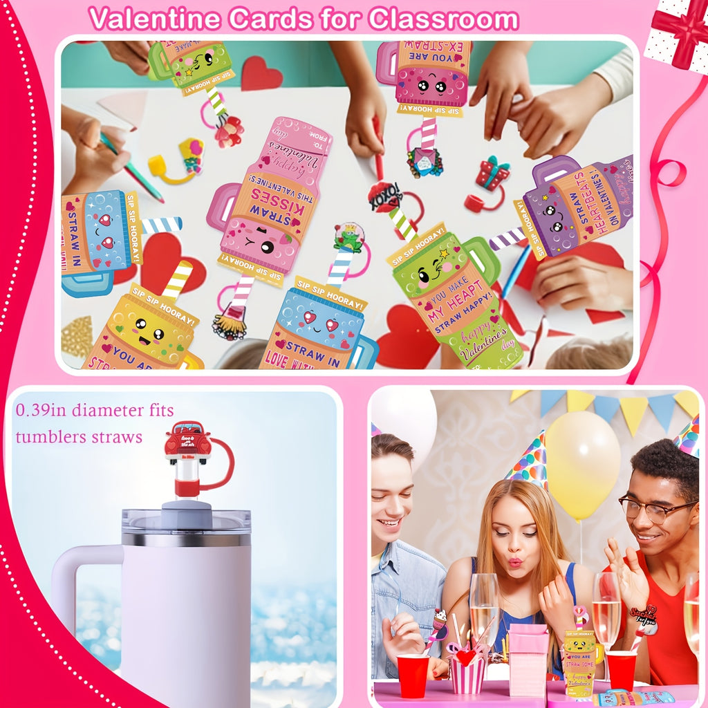 A Set of 24 Or 48 Valentine's Day Cards, Featuring a 10mm Straw Hat for 300Z And 400Z Cups, Perfect for Fun Valentine's Day Gift Exchanges And Back-to-School Event Supplies.