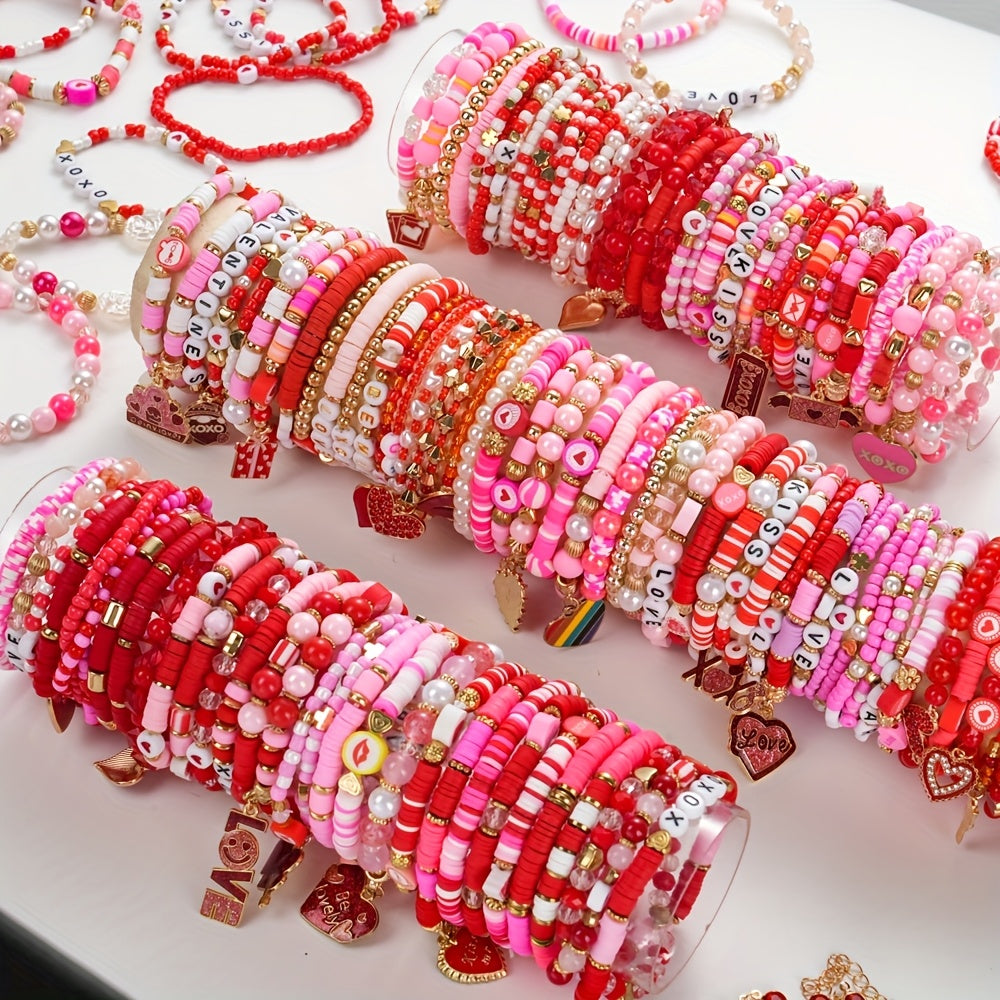 12/36/48pcs Valentine's Day Women's Fashion Bracelets Set - Love Flower Stacked Heart Charm "XOXO LOVE" Letter Design Bracelet | Gift Giving | Pretend Jewelry Toys