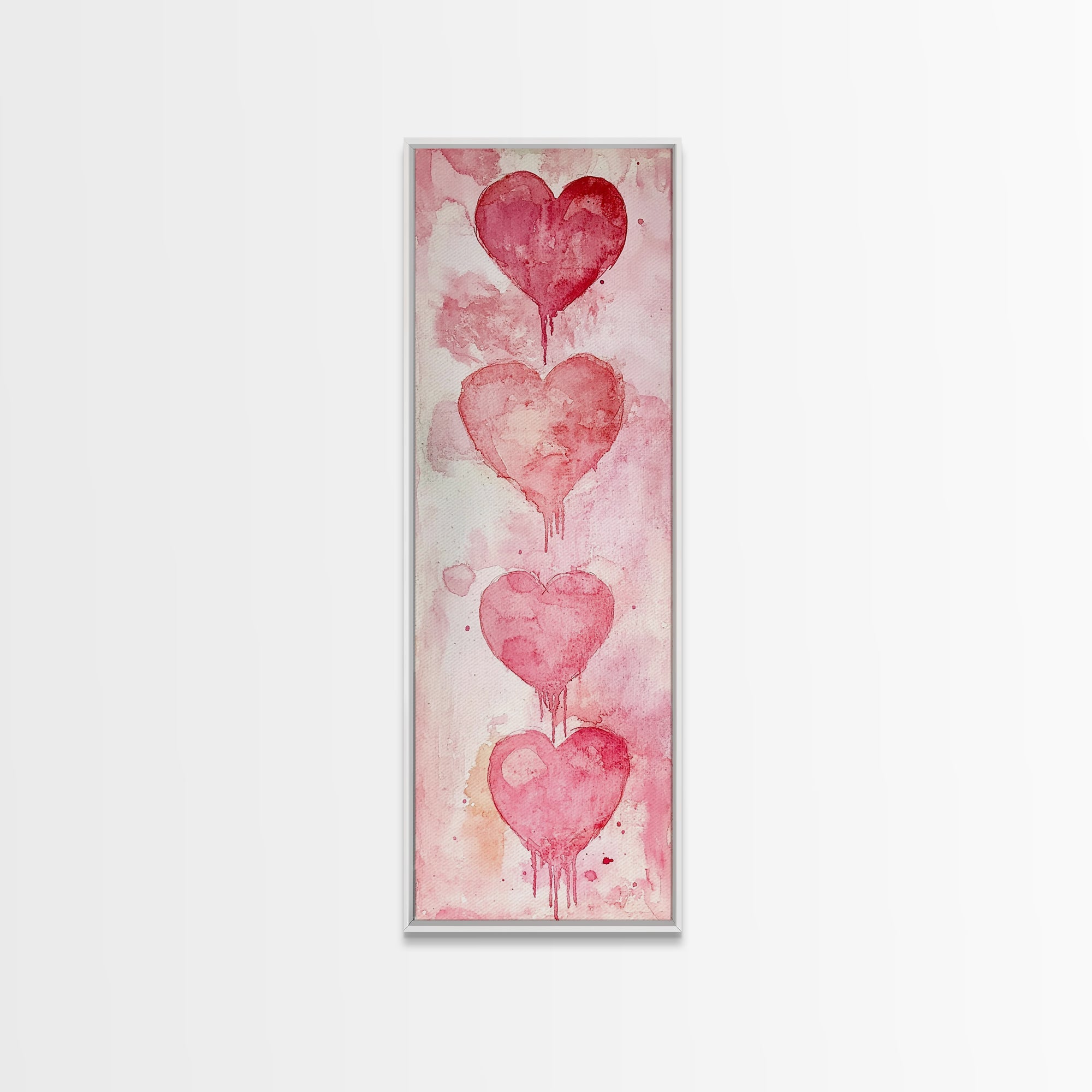 Watercolor Dripping Hearts Framed Canvas Print, Romantic Pink Abstract Art, Light Pink Wall Decor Valentine’s Day Gift Bedroom Art