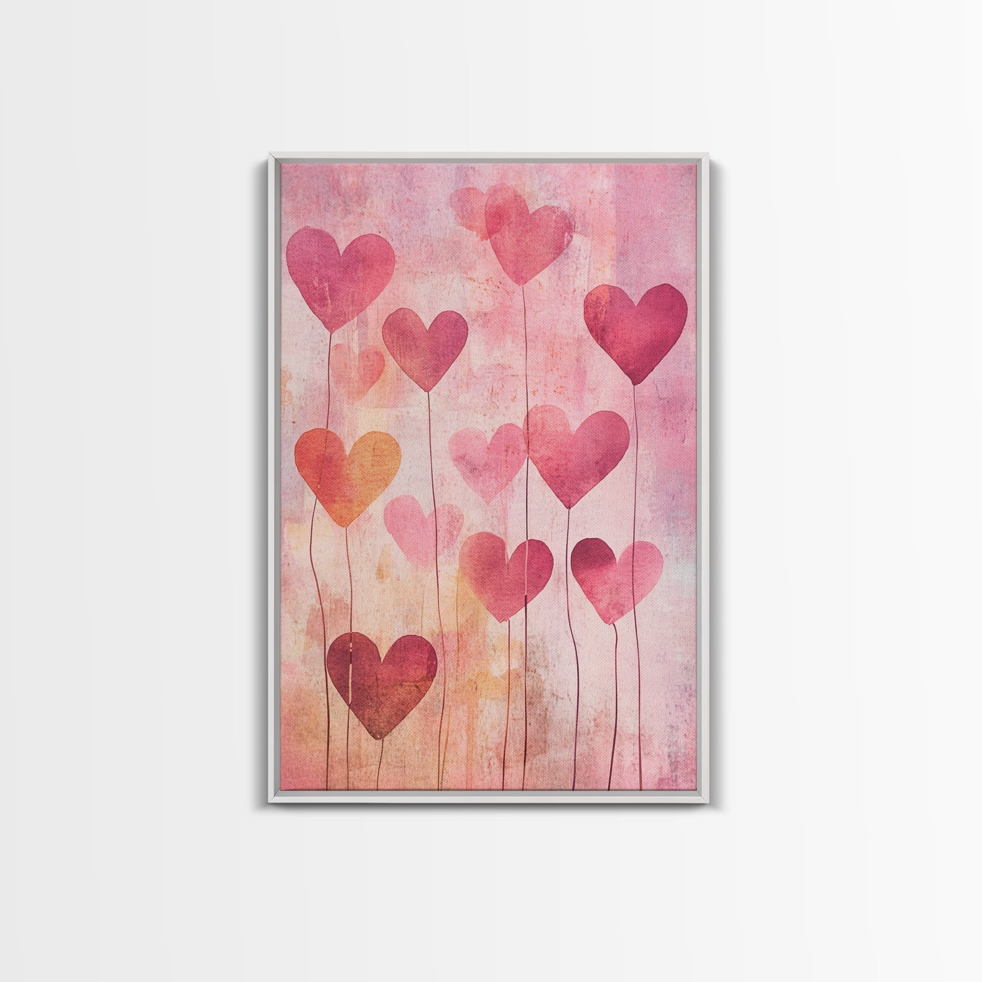 Romantic Heart Balloons Framed Canvas Print, Pink Wall Art, Valentine’s Day Aesthetic, Whimsical Cottagecore Art, Bedroom Decor Gift Idea