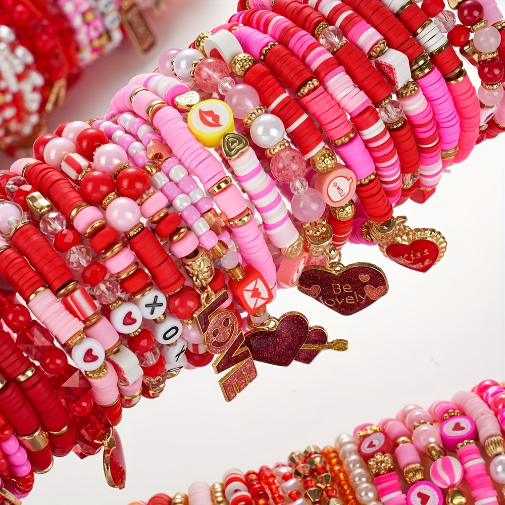 12/36/48pcs Valentine's Day Women's Fashion Bracelets Set - Love Flower Stacked Heart Charm "XOXO LOVE" Letter Design Bracelet | Gift Giving | Pretend Jewelry Toys