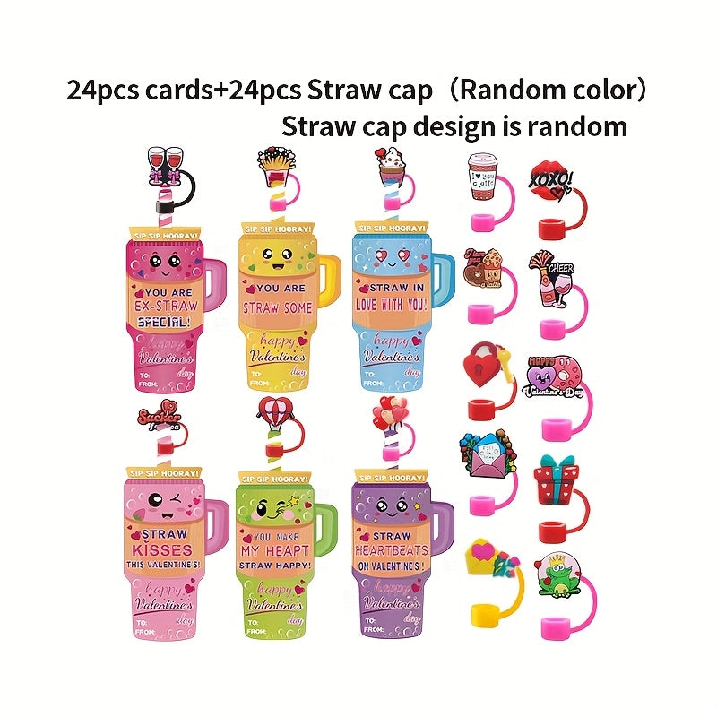 A Set of 24 Or 48 Valentine's Day Cards, Featuring a 10mm Straw Hat for 300Z And 400Z Cups, Perfect for Fun Valentine's Day Gift Exchanges And Back-to-School Event Supplies.