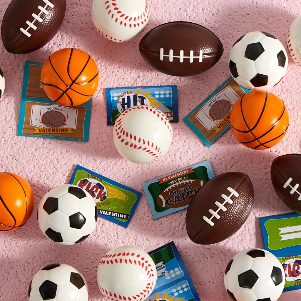 28 Pack Valentines Day Gift Cards with Mini Sports Ball Squeeze Foam Balls As Basketball, Soccer And Tennis for Kids, Classroom Exchange Prizes, Party Favor Toys And Birthday Gifts Pet Toys