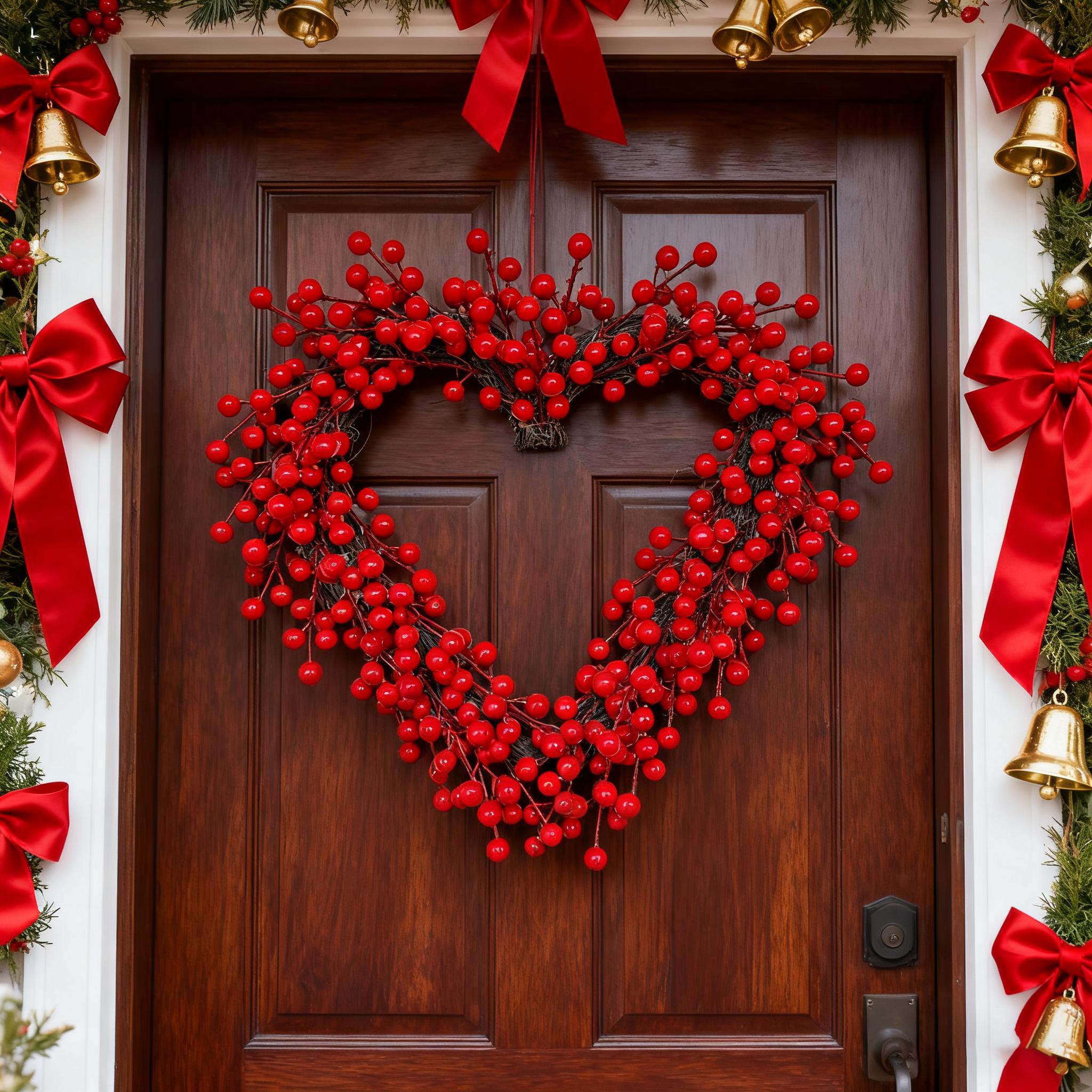 1pc, About 16inch Heart-Shaped Valentine's Day Wreath, Artificial Heart Wreath with Red Berries, Romantic Artificial Wreath with Love Elements, Perfect for Front Door, Wall, Fireplace, Party, Engagement Ceremony/Wedding And H