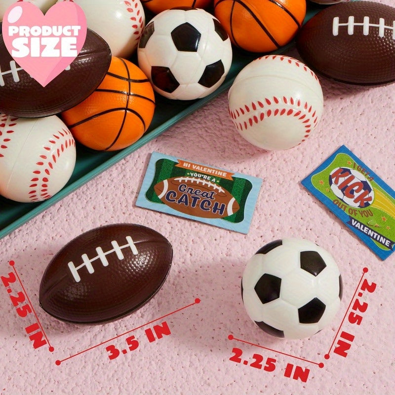 28 Pack Valentines Day Gift Cards with Mini Sports Ball Squeeze Foam Balls As Basketball, Soccer And Tennis for Kids, Classroom Exchange Prizes, Party Favor Toys And Birthday Gifts Pet Toys
