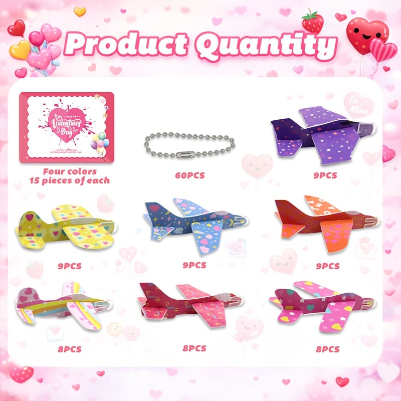 60 Pack Valentines Day Favor Kits with Cards, Valentine's Greeting Cards for Kids with Foam Airplanes Classroom Exchange Party Favor Toy