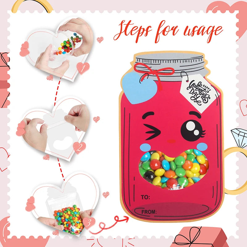 Valentines Day Cards For Kids School - 24 Pack Mason Jar Valentines Day Gift Cards With Treat Bags For Boys Girls