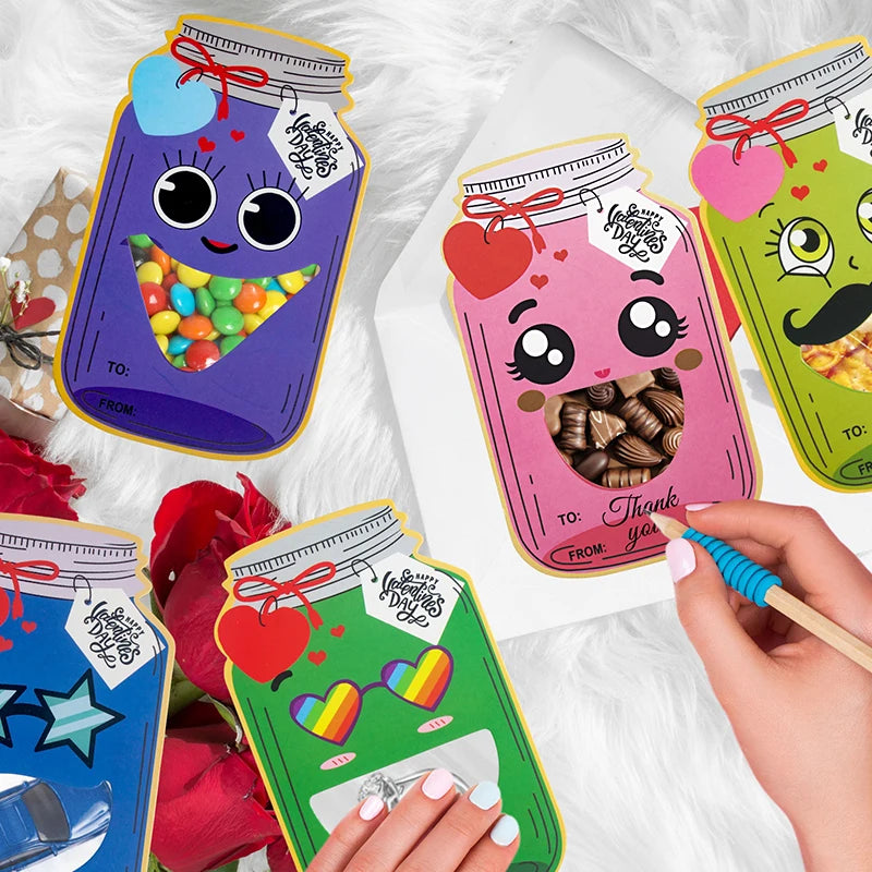 Valentines Day Cards For Kids School - 24 Pack Mason Jar Valentines Day Gift Cards With Treat Bags For Boys Girls