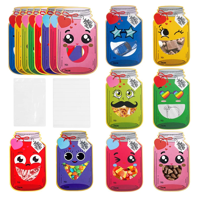 Valentines Day Cards For Kids School - 24 Pack Mason Jar Valentines Day Gift Cards With Treat Bags For Boys Girls