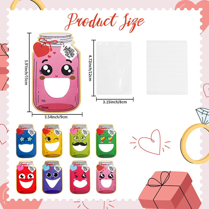 Valentines Day Cards For Kids School - 24 Pack Mason Jar Valentines Day Gift Cards With Treat Bags For Boys Girls