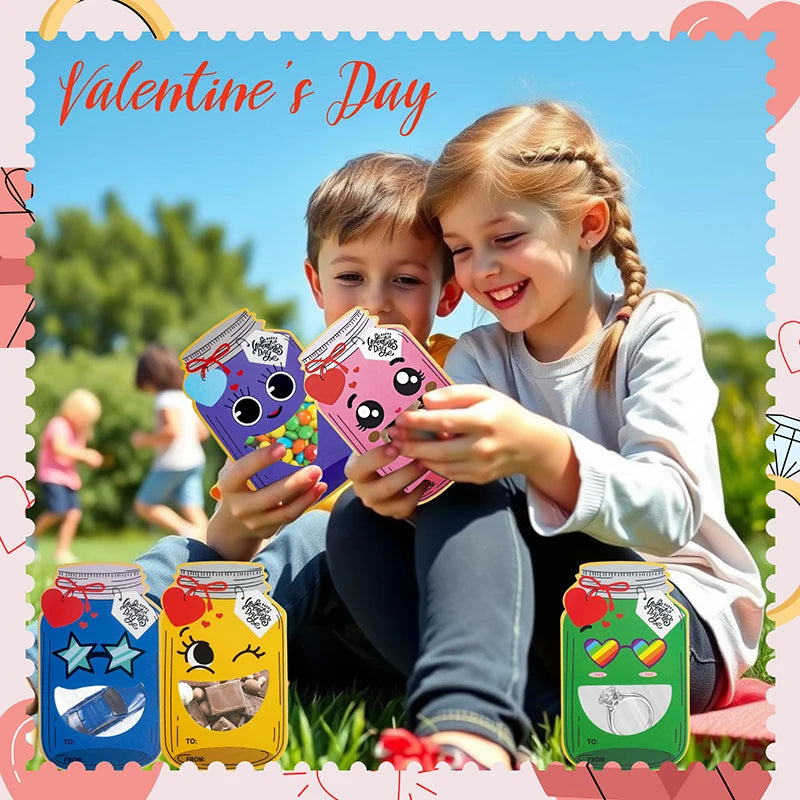 Valentines Day Cards For Kids School - 24 Pack Mason Jar Valentines Day Gift Cards With Treat Bags For Boys Girls