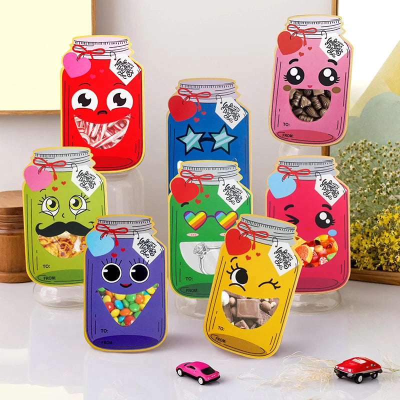 Valentines Day Cards For Kids School - 24 Pack Mason Jar Valentines Day Gift Cards With Treat Bags For Boys Girls