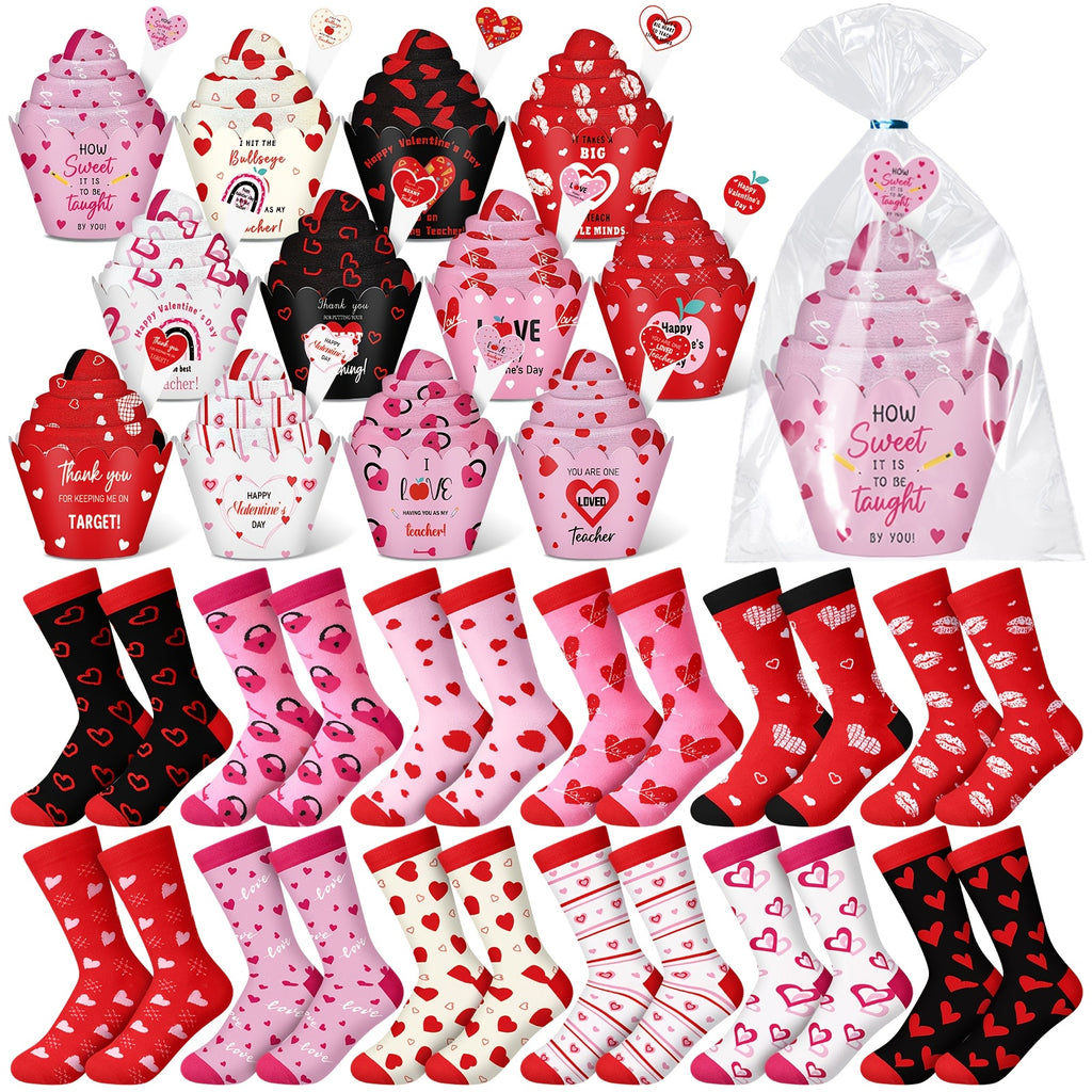 12 Pairs Valentines Day Cupcake Socks Suitable for Teachers & Women - Fuzzy DIY Slipper Socks with Paper Cupcake Top for Classroom Parties, Valentine's Gifts, Teacher Appreciation - Cute Fuzzy Warm Socks for & Educators