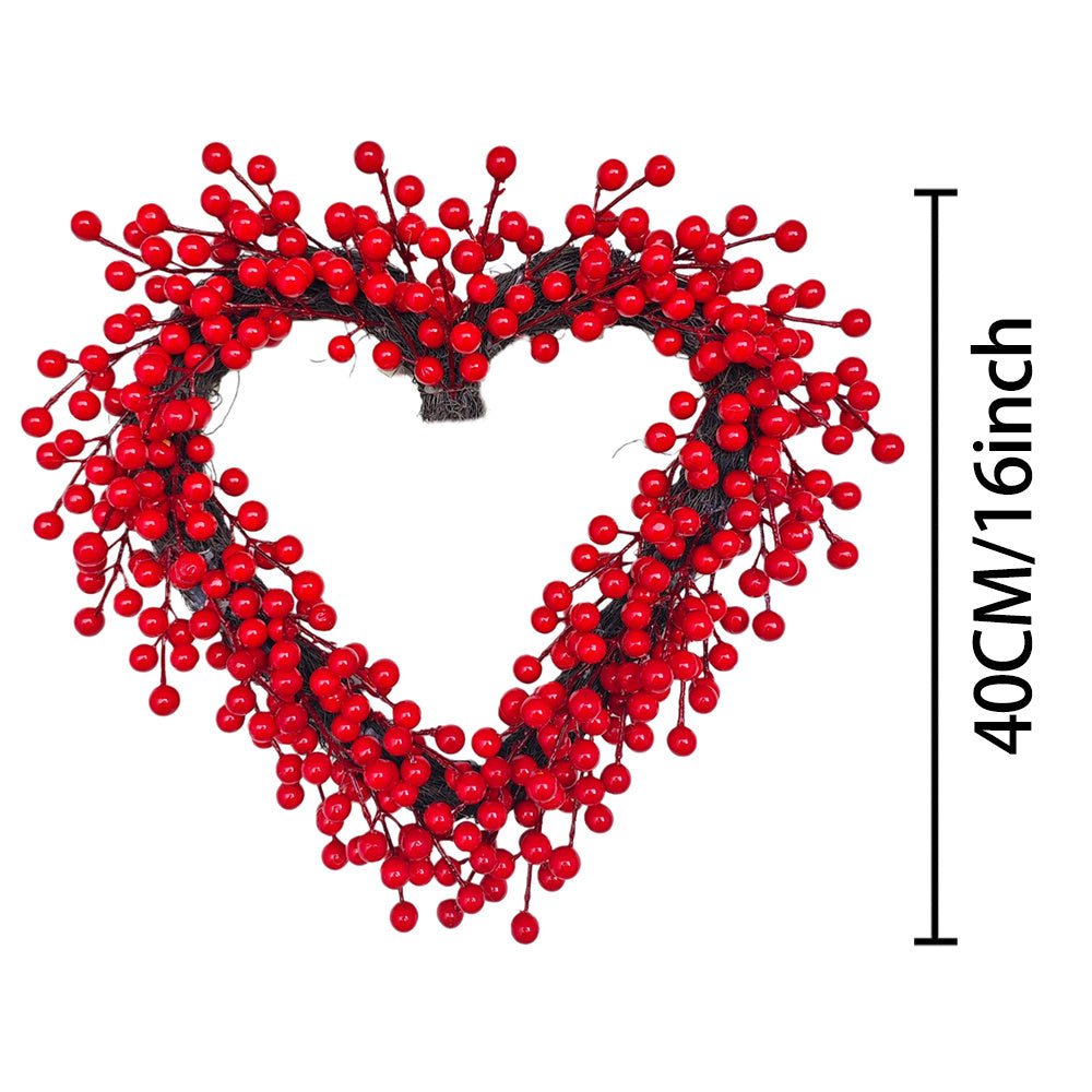 1pc, About 16inch Heart-Shaped Valentine's Day Wreath, Artificial Heart Wreath with Red Berries, Romantic Artificial Wreath with Love Elements, Perfect for Front Door, Wall, Fireplace, Party, Engagement Ceremony/Wedding And H