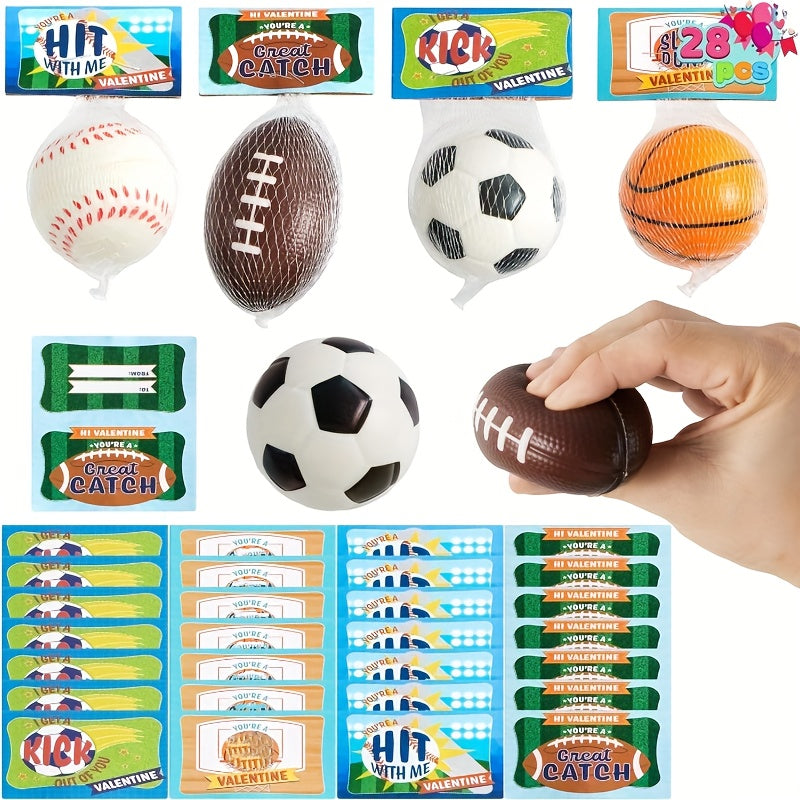 28 Pack Valentines Day Gift Cards with Mini Sports Ball Squeeze Foam Balls As Basketball, Soccer And Tennis for Kids, Classroom Exchange Prizes, Party Favor Toys And Birthday Gifts Pet Toys