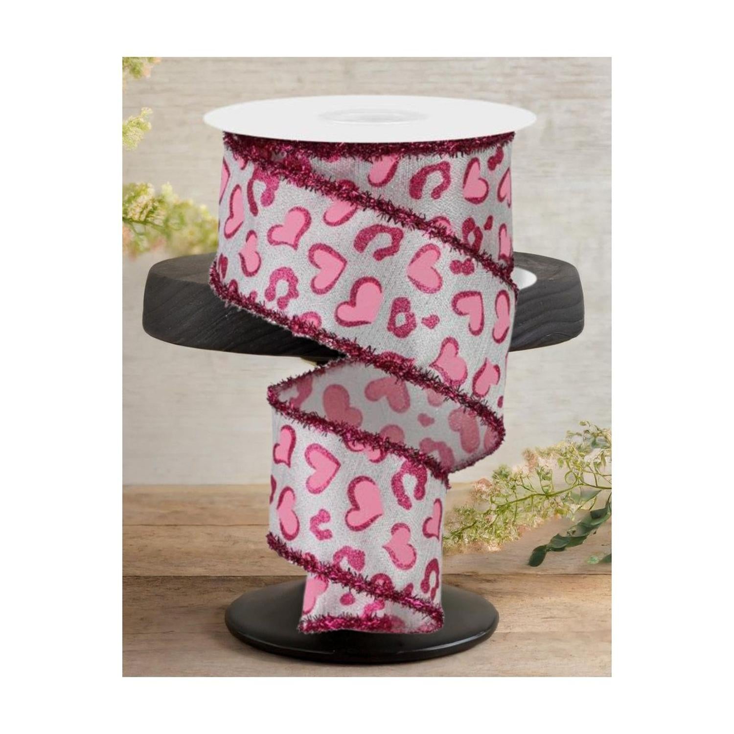 2.5" Heart Leopard Tinsel Edge Ribbon: White (10 Yards)