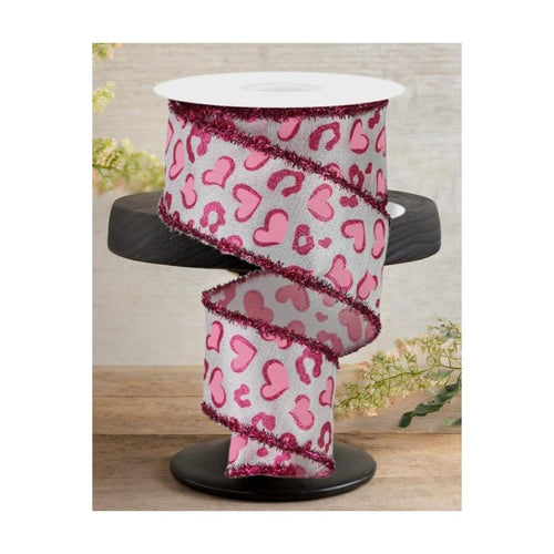 2.5" Heart Leopard Tinsel Edge Ribbon: White (10 Yards)