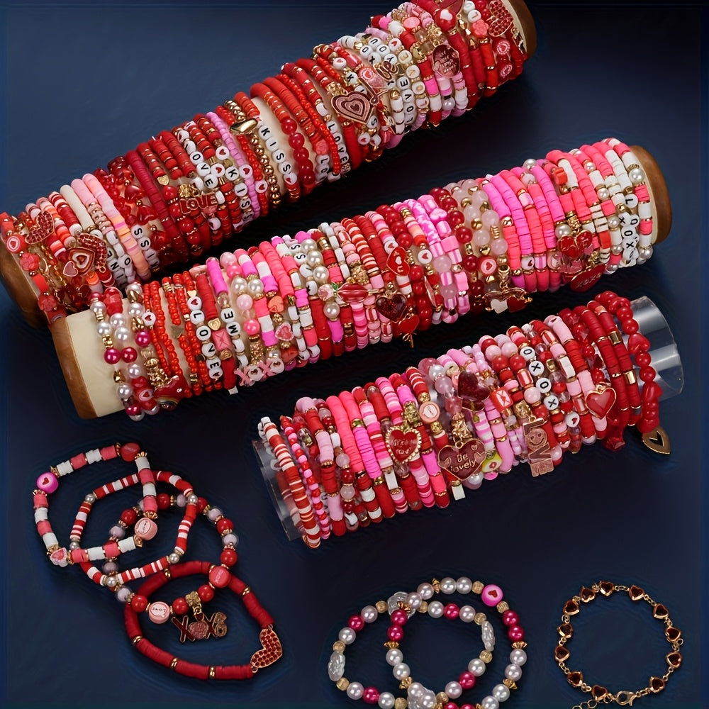 12/36/48pcs Valentine's Day Women's Fashion Bracelets Set - Love Flower Stacked Heart Charm "XOXO LOVE" Letter Design Bracelet | Gift Giving | Pretend Jewelry Toys