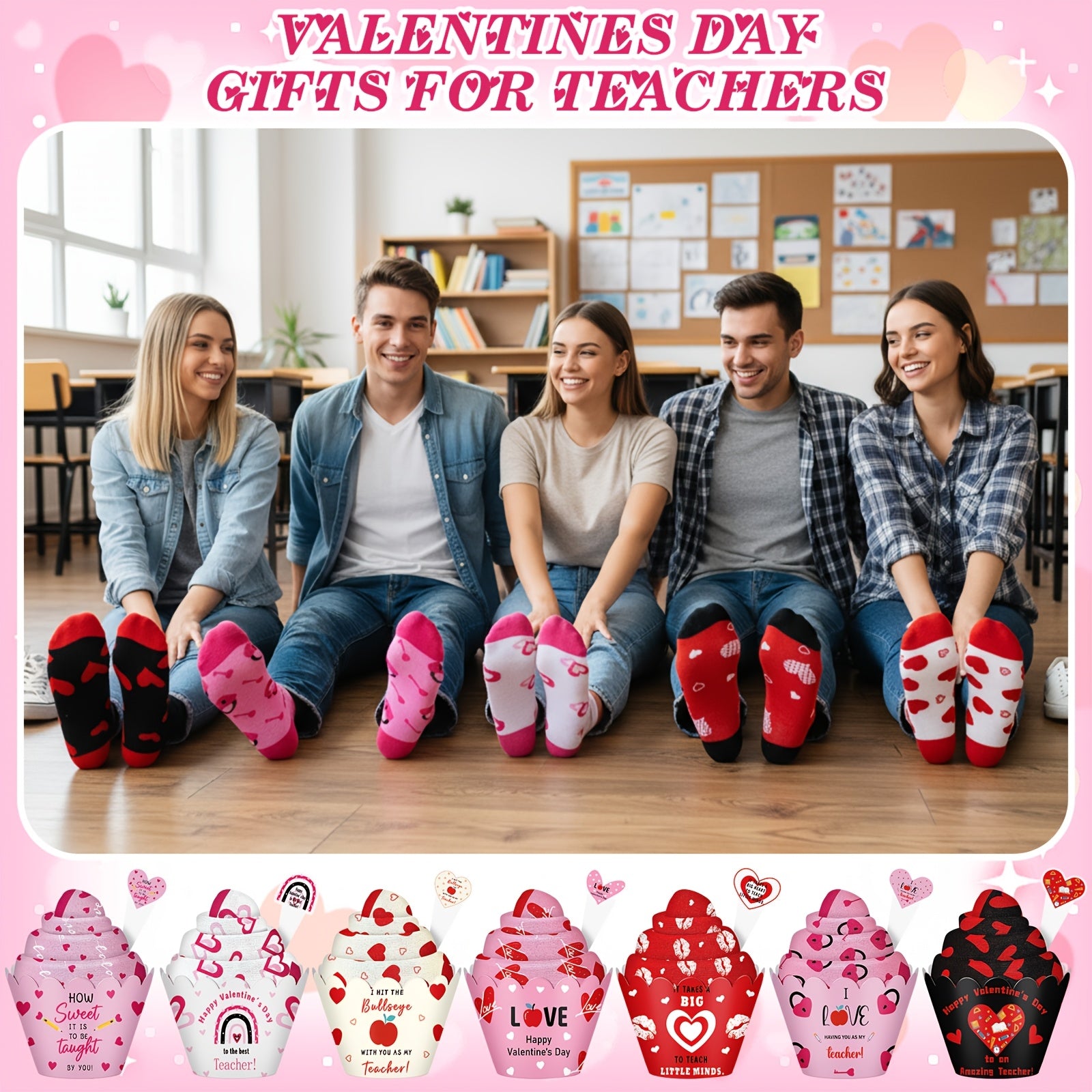 12 Pairs Valentines Day Cupcake Socks Suitable for Teachers & Women - Fuzzy DIY Slipper Socks with Paper Cupcake Top for Classroom Parties, Valentine's Gifts, Teacher Appreciation - Cute Fuzzy Warm Socks for & Educators