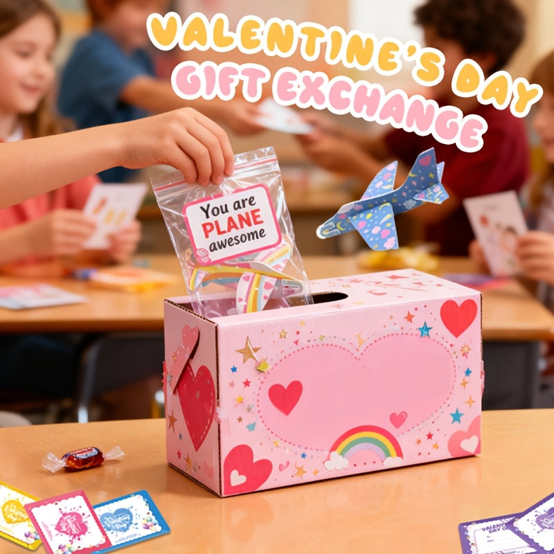 60 Pack Valentines Day Favor Kits with Cards, Valentine's Greeting Cards for Kids with Foam Airplanes Classroom Exchange Party Favor Toy
