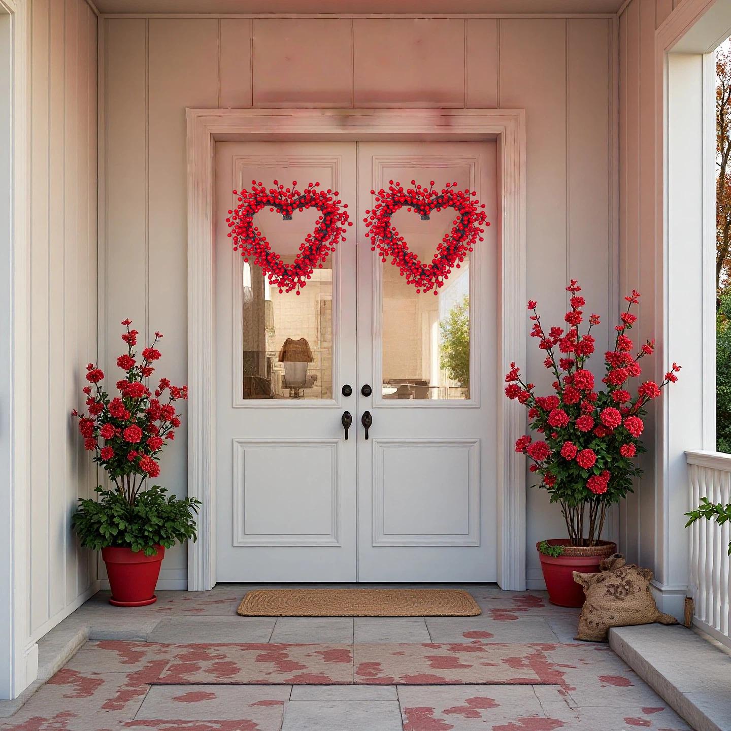 1pc, About 16inch Heart-Shaped Valentine's Day Wreath, Artificial Heart Wreath with Red Berries, Romantic Artificial Wreath with Love Elements, Perfect for Front Door, Wall, Fireplace, Party, Engagement Ceremony/Wedding And H