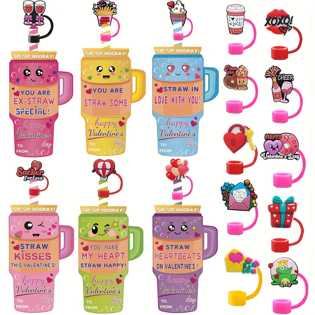 A Set of 24 Or 48 Valentine's Day Cards, Featuring a 10mm Straw Hat for 300Z And 400Z Cups, Perfect for Fun Valentine's Day Gift Exchanges And Back-to-School Event Supplies.