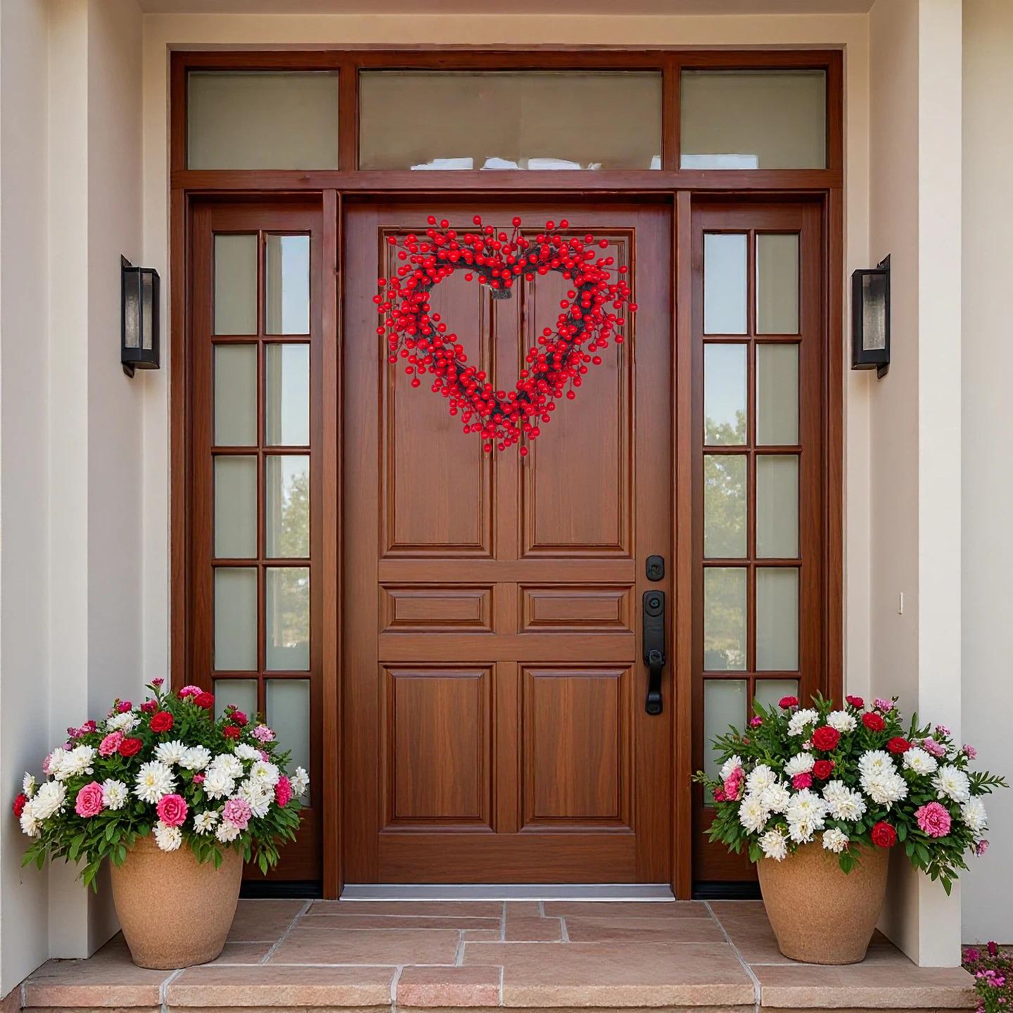 1pc, About 16inch Heart-Shaped Valentine's Day Wreath, Artificial Heart Wreath with Red Berries, Romantic Artificial Wreath with Love Elements, Perfect for Front Door, Wall, Fireplace, Party, Engagement Ceremony/Wedding And H