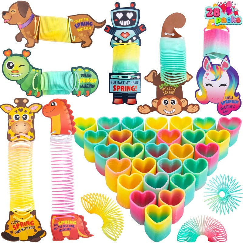 28 Packs SYNCFUN Valentine'S Day Cards with Coil Springs | Rainbow Springs, Stress Relief, Classroom Exchange Prizes, Game Prizes, Party Favors, Plastic Material