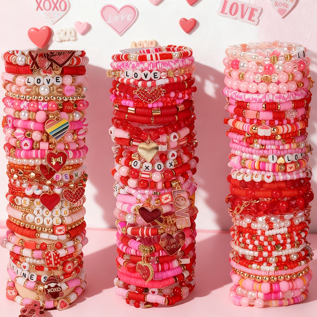 12/36/48pcs Valentine's Day Women's Fashion Bracelets Set - Love Flower Stacked Heart Charm "XOXO LOVE" Letter Design Bracelet | Gift Giving | Pretend Jewelry Toys