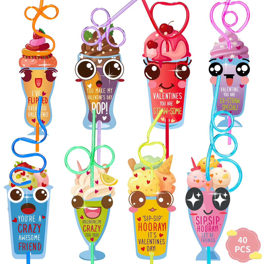 Valentines Day Gifts for Kids 40 Packs Valentine Day Cards with Reusable Drinking Straws for Classroom Gift Exchange. Valentines Day School Exchange Gifts and Party Favors for Teens Boys and Girls