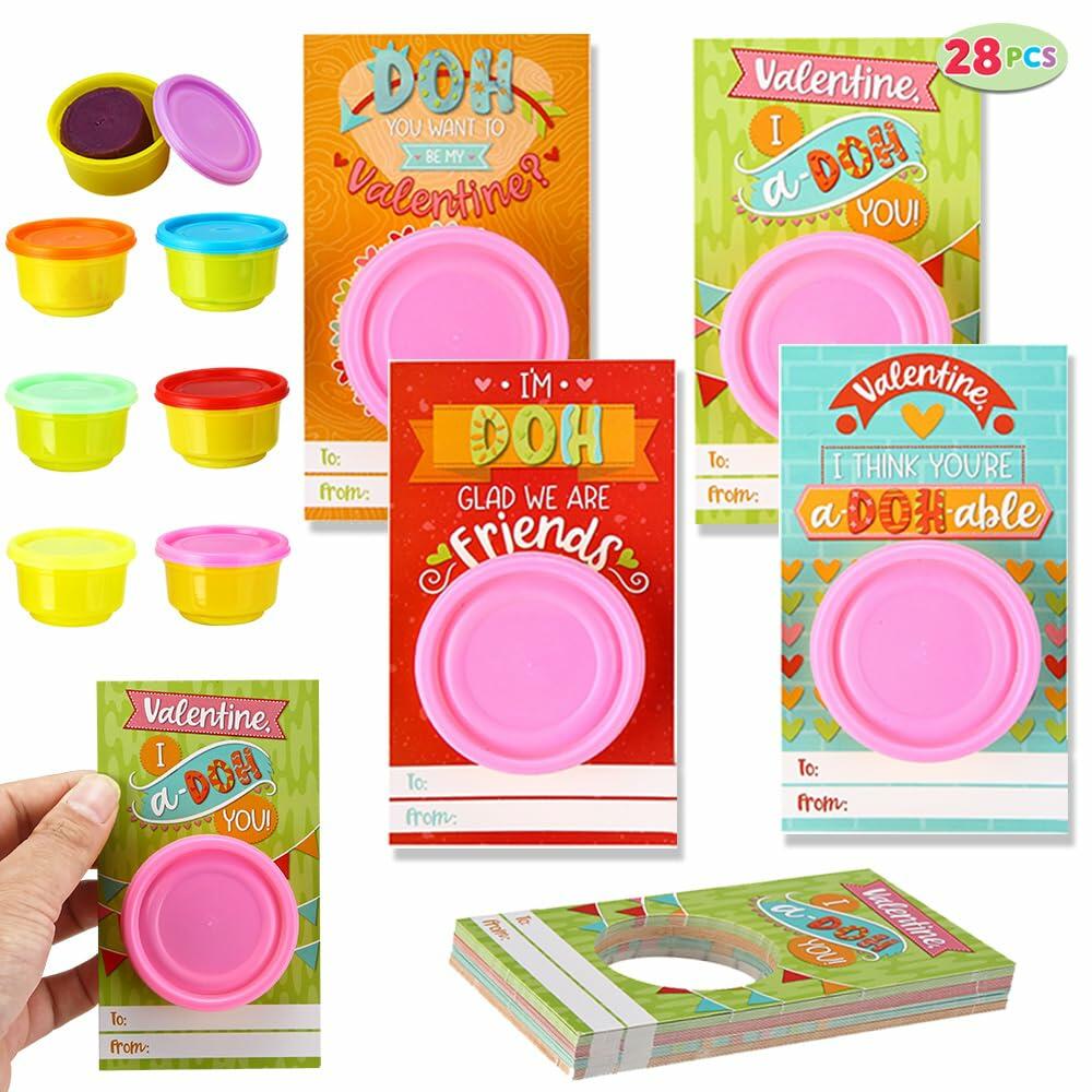 JOYIN 28 PCS Valentine Gift Cards with Colorful Playing Dough Kids Party Favors