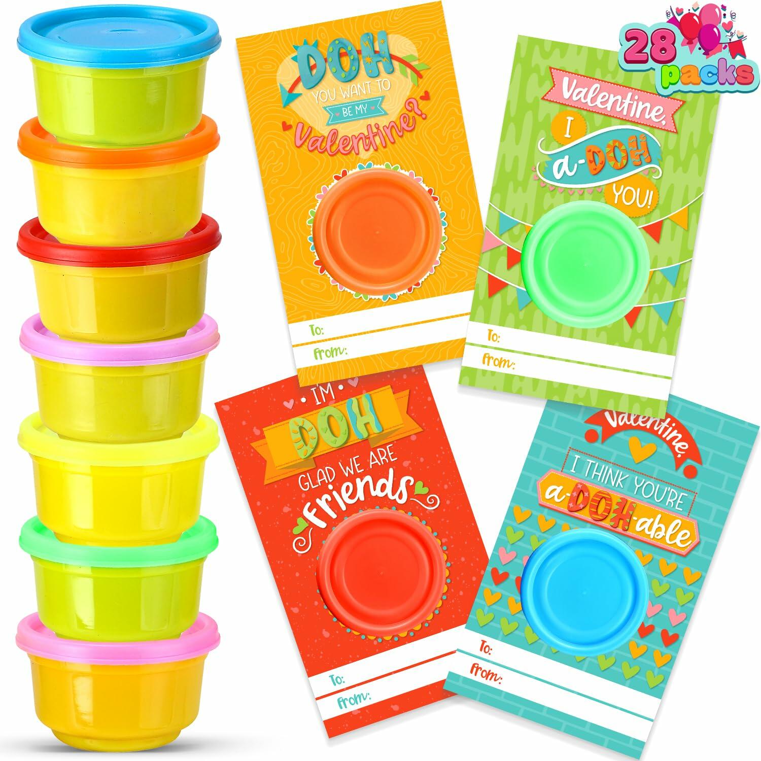 JOYIN 28 PCS Valentine Gift Cards with Colorful Playing Dough Kids Party Favors