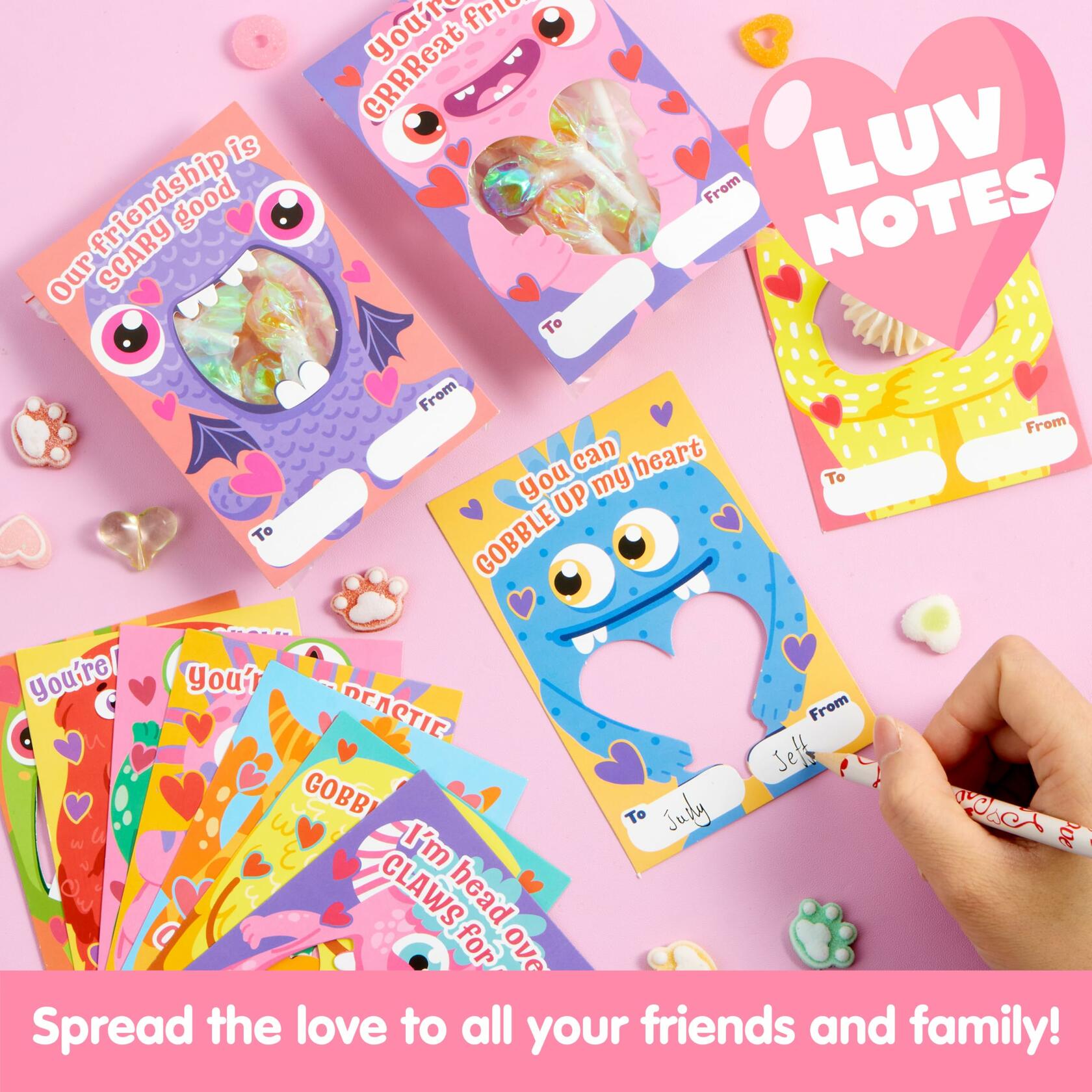 JOYIN 72 Pcs Valentines Monster Gift Cards with Bags Candy Holder Cards
